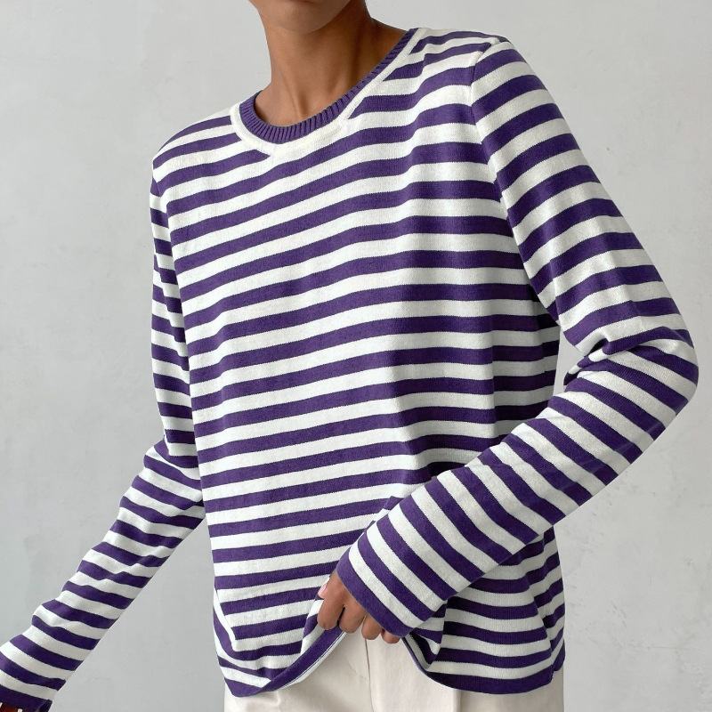 Stella | Women's Striped Knit Sweater Long Sleeve Crew Neck Pullover