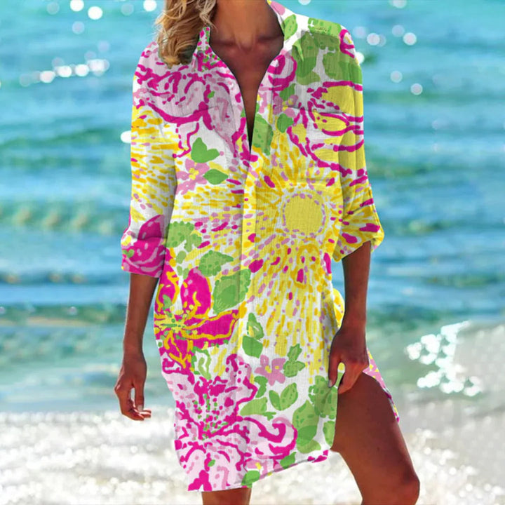 Lola | Women's Printed Long Sleeve Beach Cover Up Shirt Dress