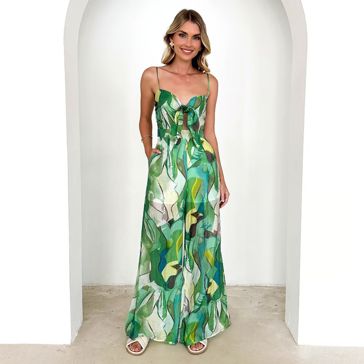 Annalise | Chic Printed Suspender Strap Long Dress