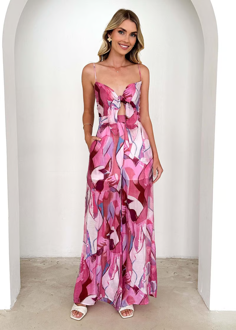Annalise | Chic Printed Suspender Strap Long Dress