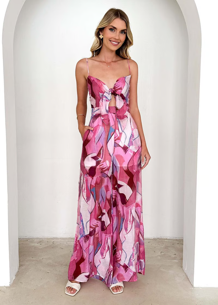 Annalise | Chic Printed Suspender Strap Long Dress