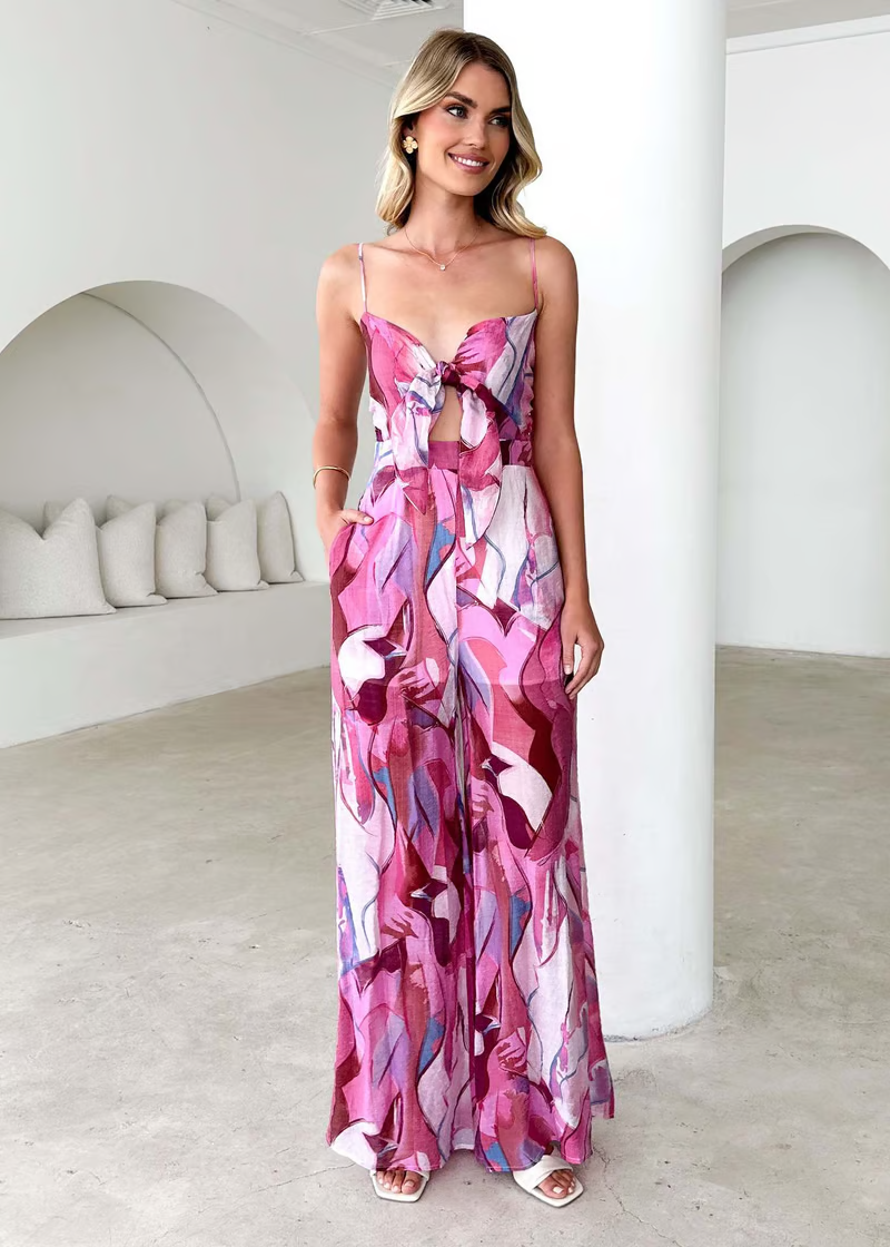 Annalise | Chic Printed Suspender Strap Long Dress