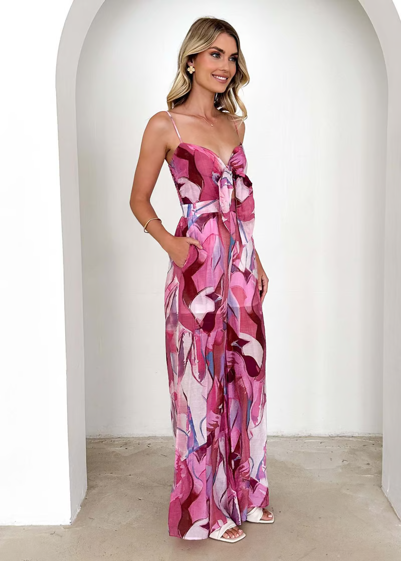 Annalise | Chic Printed Suspender Strap Long Dress