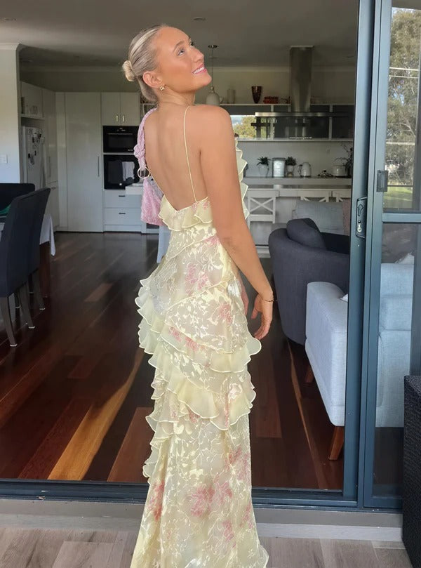 Mila | Women's Floral Ruffle Spaghetti Strap Maxi Dress Summer