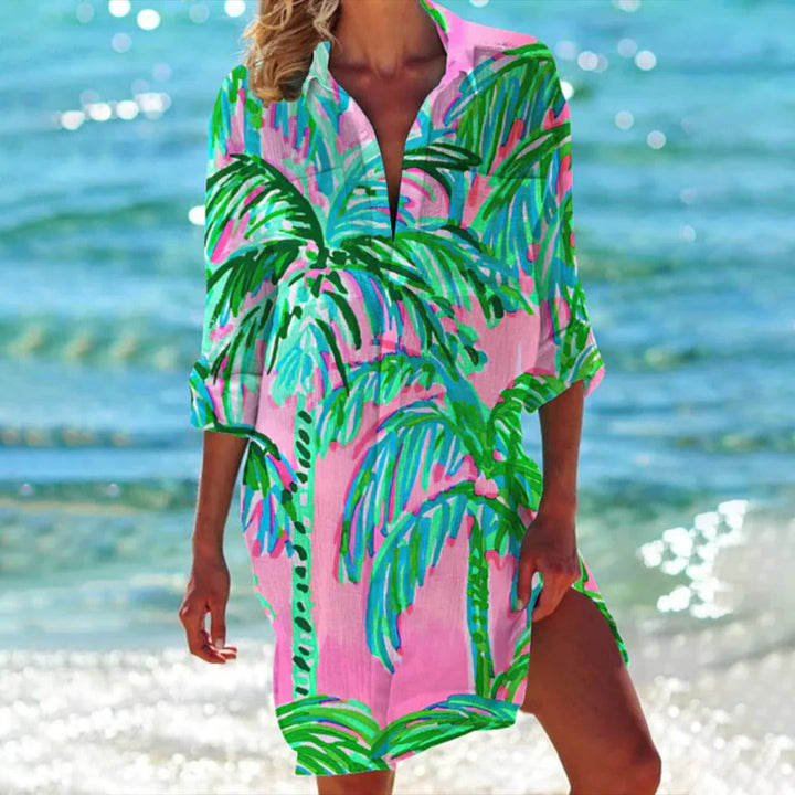Lola | Women's Printed Long Sleeve Beach Cover Up Shirt Dress
