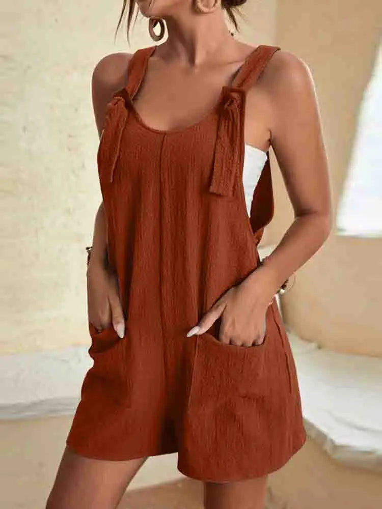 Poppy | Women's Tie Strap Sleeveless Linen Romper with Pockets