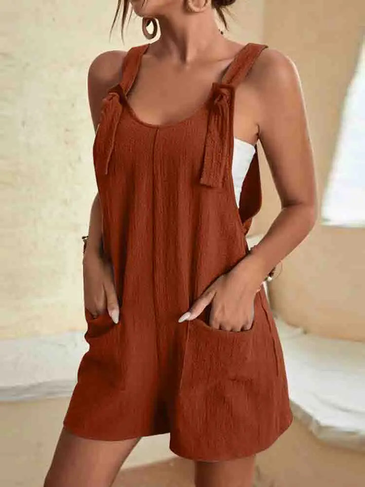 Poppy | Women's Tie Strap Sleeveless Linen Romper with Pockets