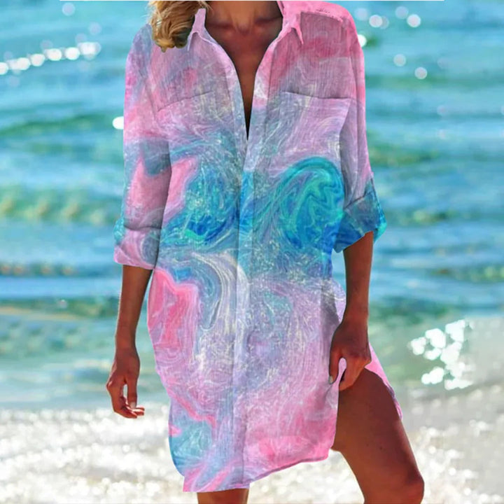 Lola | Women's Printed Long Sleeve Beach Cover Up Shirt Dress