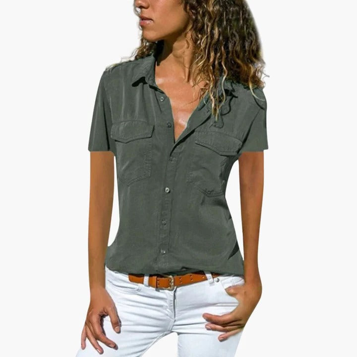 Mila | Women's Short Sleeve Button Down Shirt Chest Pocket Top