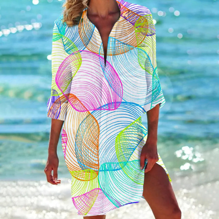 Lola | Women's Printed Long Sleeve Beach Cover Up Shirt Dress