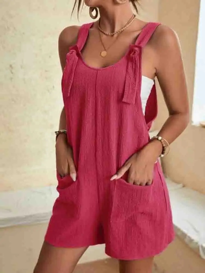 Poppy | Women's Tie Strap Sleeveless Linen Romper with Pockets