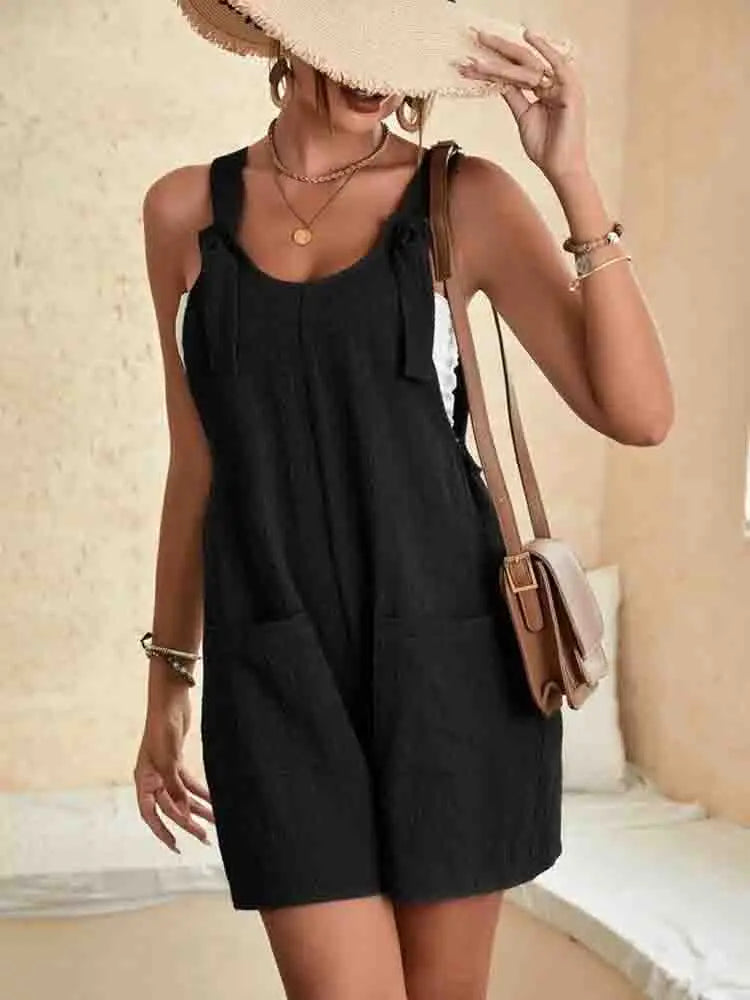 Poppy | Women's Tie Strap Sleeveless Linen Romper with Pockets