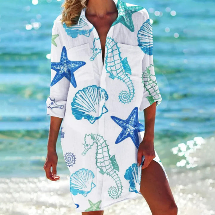 Lola | Women's Printed Long Sleeve Beach Cover Up Shirt Dress