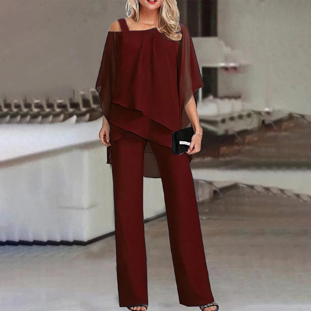 Reese | Women's Cold Shoulder Chiffon Overlay Wide Leg Jumpsuit Set