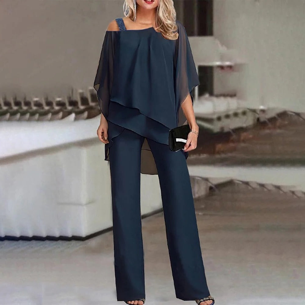 Reese | Women's Cold Shoulder Chiffon Overlay Wide Leg Jumpsuit Set