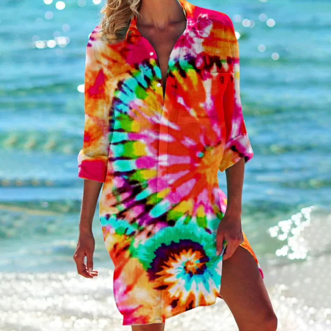 Lola | Women's Printed Long Sleeve Beach Cover Up Shirt Dress