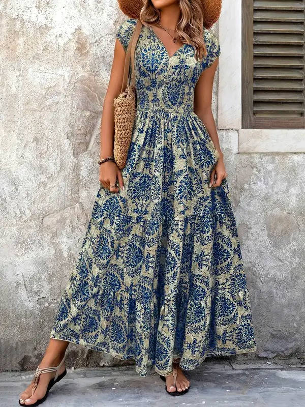Lena | Women's Boho Smocked Waist V-Neck Tiered Maxi Dress