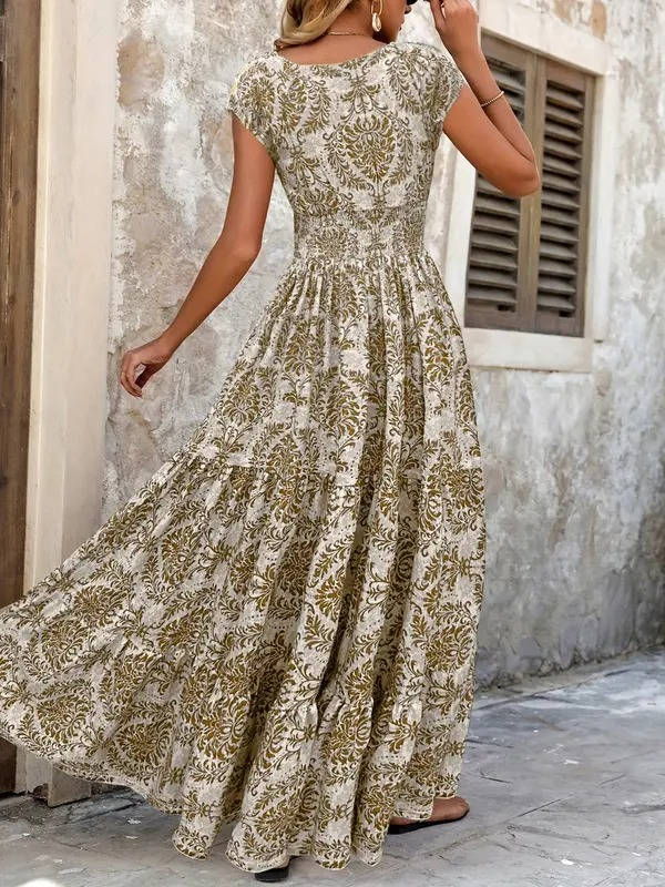 Lena | Women's Boho Smocked Waist V-Neck Tiered Maxi Dress
