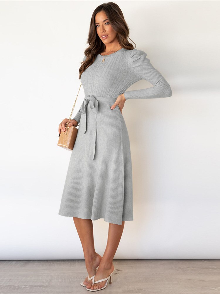 Imogen | Women's Long Sleeve Belted Midi Dress - Beige - Image 2