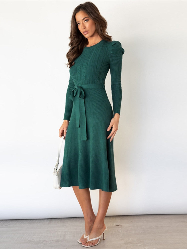 Imogen | Women's Long Sleeve Belted Midi Dress - Beige - Image 3