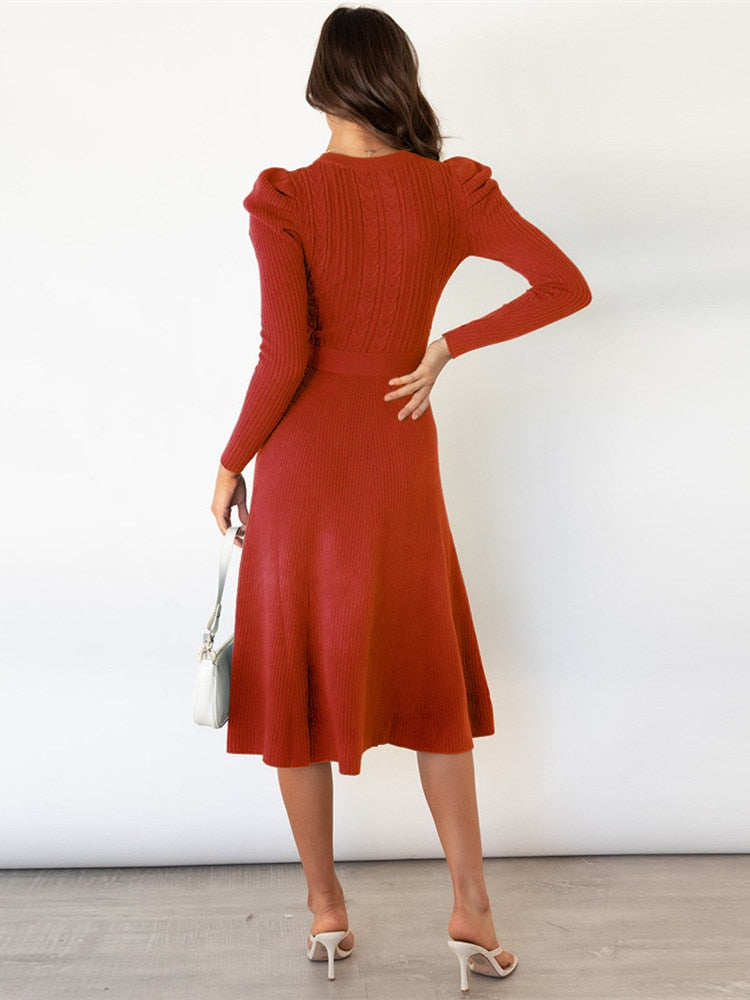 Imogen | Women's Long Sleeve Belted Midi Dress - Beige - Image 4