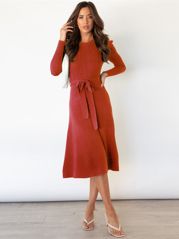 Imogen | Women's Long Sleeve Belted Midi Dress - Beige - Image 8