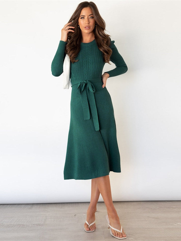 Imogen | Women's Long Sleeve Belted Midi Dress - Beige - Image 9