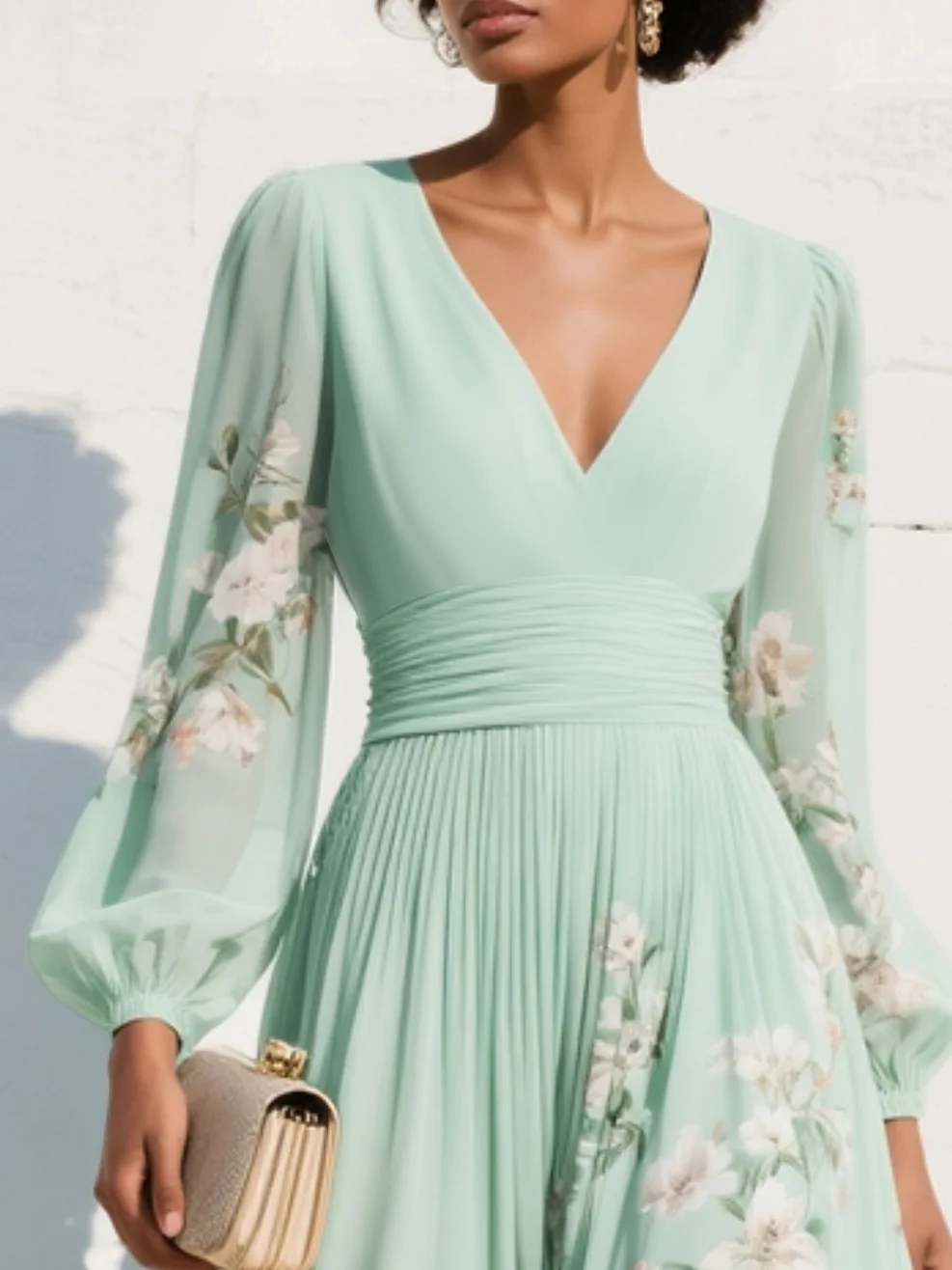 Iphigenia | Women's Floral V-Neck Long Sleeve Midi Dress - Light Green - Image 4