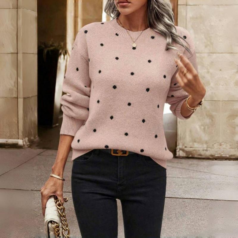 Iris | Women's Polka Dot Long Sleeve Pullover Sweater - Beige - Image 4