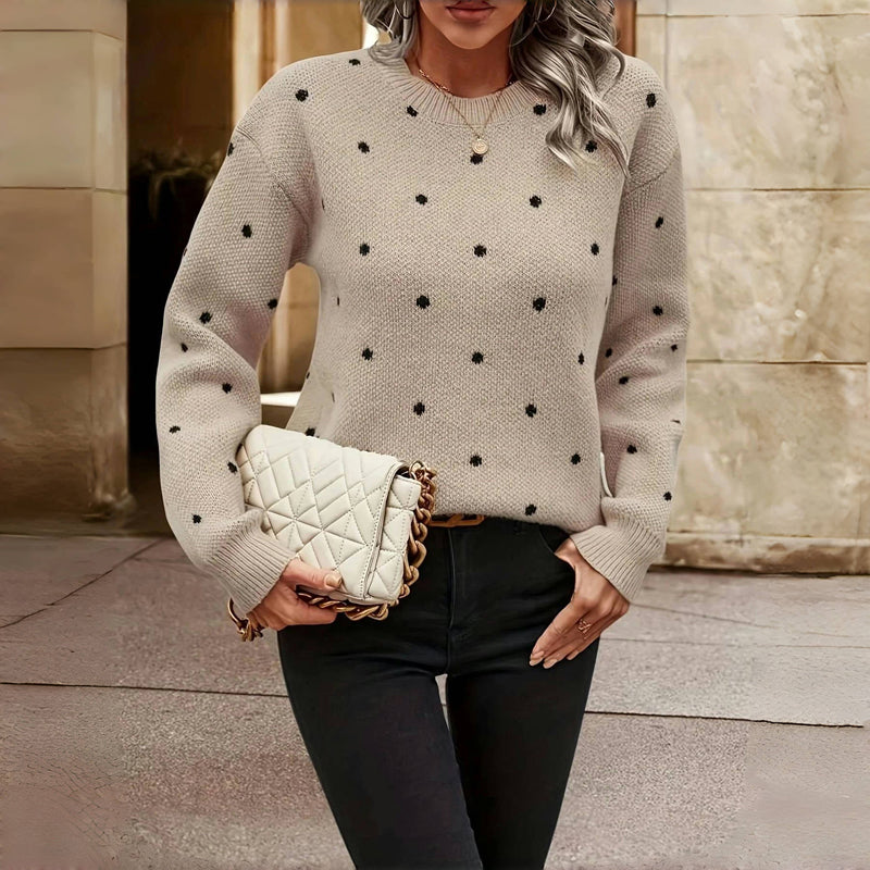 Iris | Women's Polka Dot Long Sleeve Pullover Sweater - Beige - Image 6