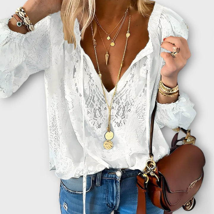 Isabeau | Women's Lace V-Neck Long Sleeve Blouse - White - Image 1