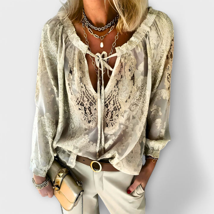 Isabeau | Women's Lace V-Neck Long Sleeve Blouse - White - Image 3