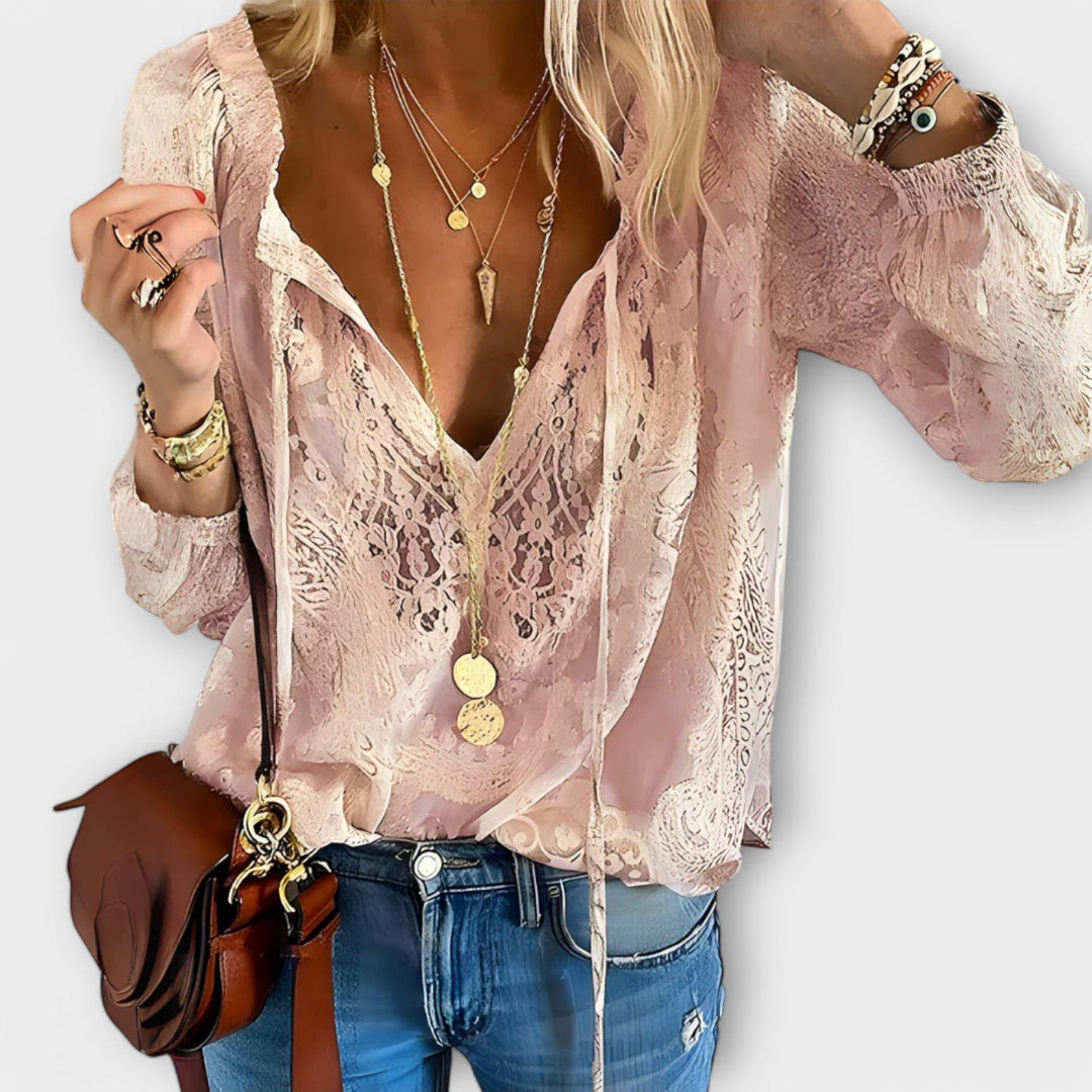 Isabeau | Women's Lace V-Neck Long Sleeve Blouse - White - Image 4
