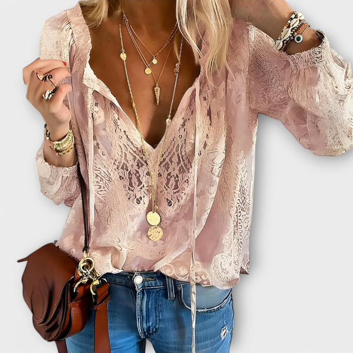 Isabeau | Women's Lace V-Neck Long Sleeve Blouse - White - Image 4