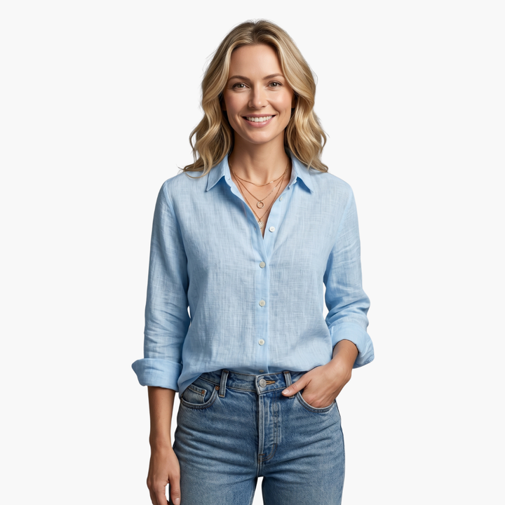 Isadora | Women's Button Up Long Sleeve Shirt - Light Blue - Image 2