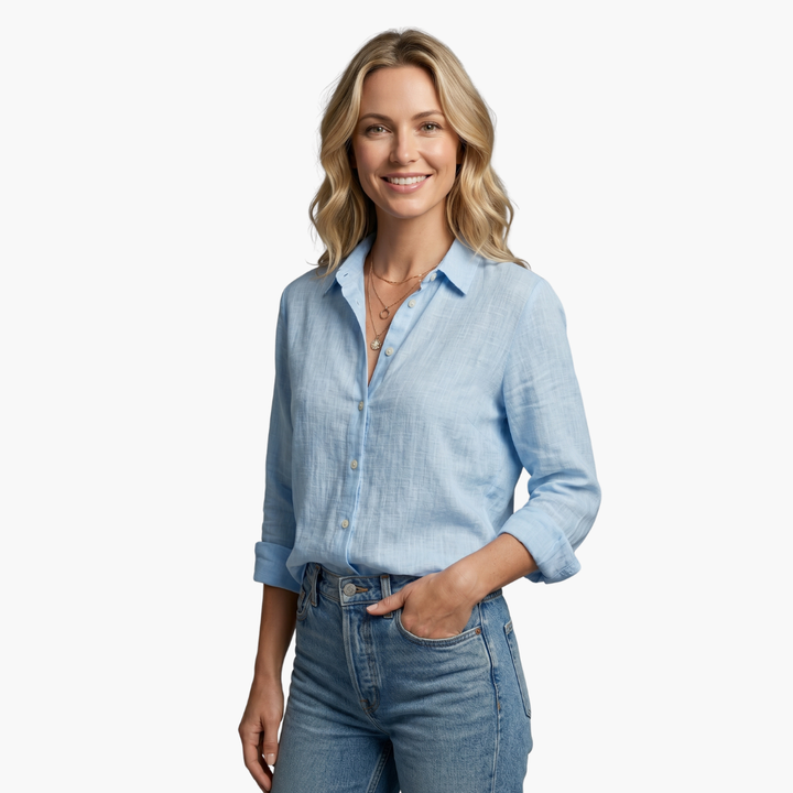 Isadora | Women's Button Up Long Sleeve Shirt - Light Blue - Image 3
