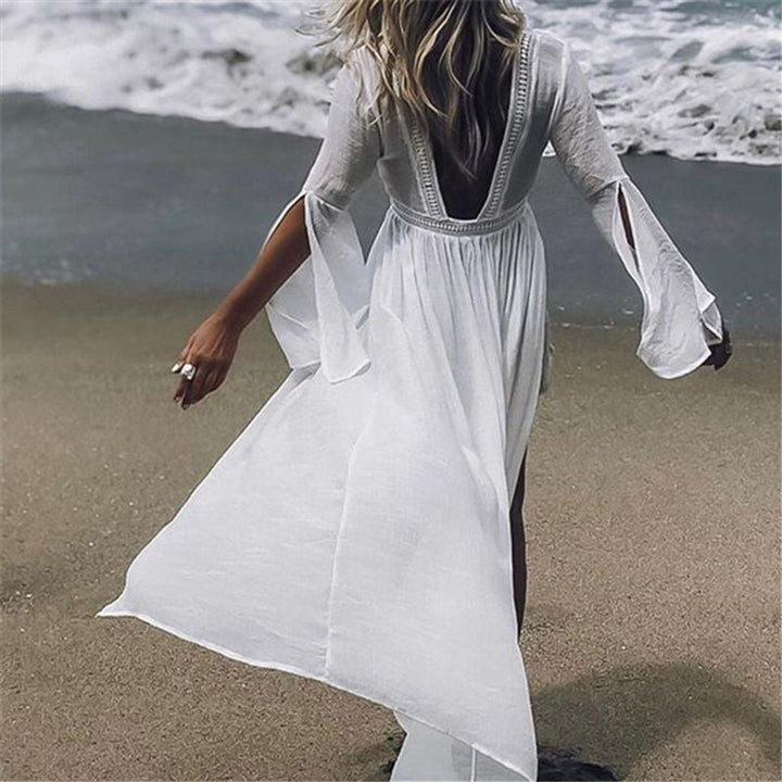 Isolde | Women's Open Back Flare Sleeve Maxi Dress - White - Image 1