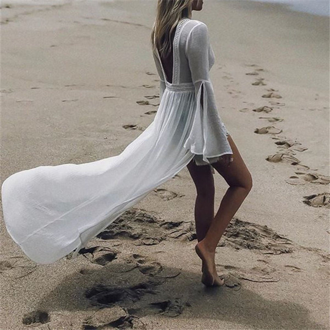 Isolde | Women's Open Back Flare Sleeve Maxi Dress - White - Image 6