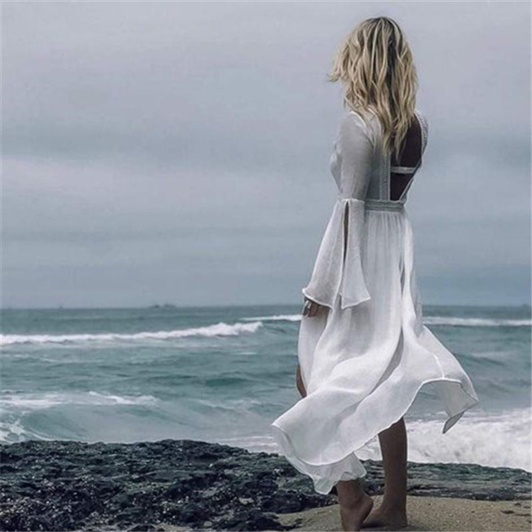Isolde | Women's Open Back Flare Sleeve Maxi Dress - White - Image 7