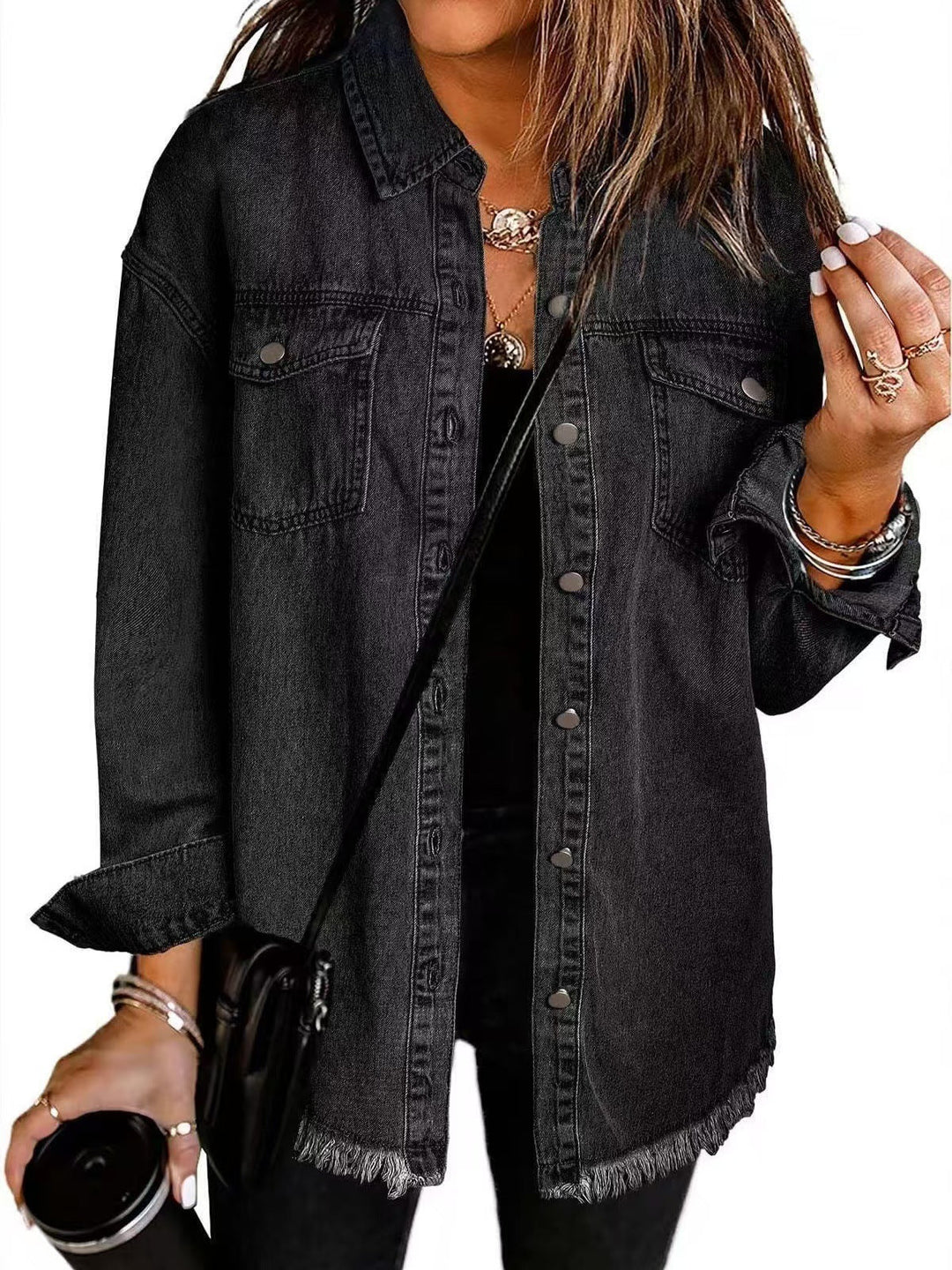 Jasmine | Women's Oversized Button Front Jacket - Black - Image 1