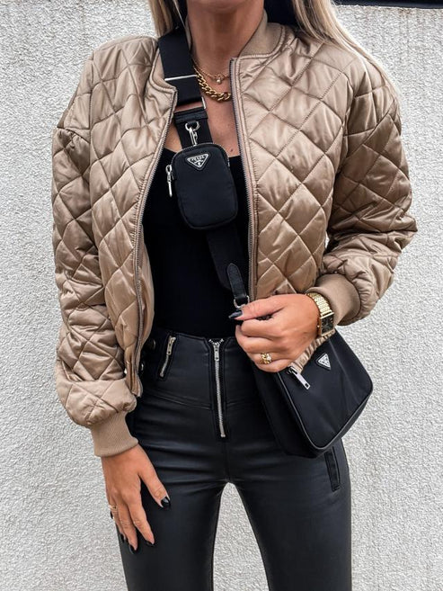 Jasmine | Women's Quilted Long Sleeve Bomber Jacket - Beige - Image 1
