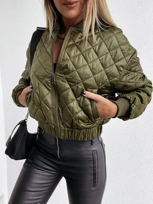 Jasmine | Women's Quilted Long Sleeve Bomber Jacket - Beige - Image 10