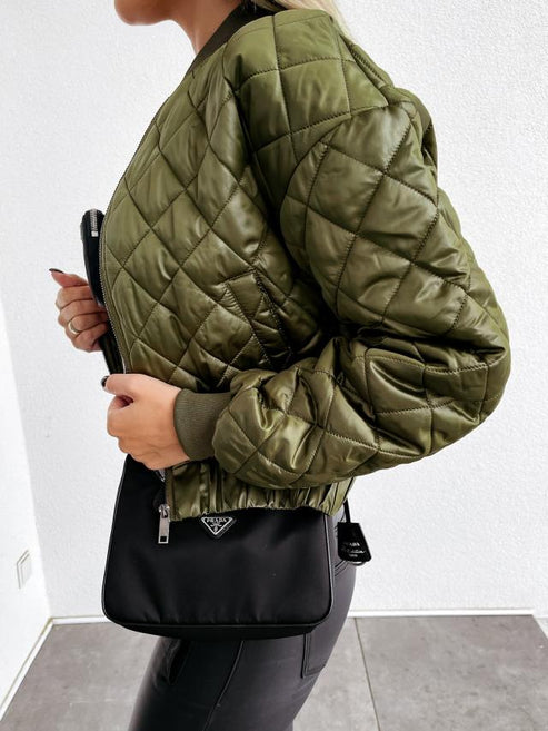 Jasmine | Women's Quilted Long Sleeve Bomber Jacket - Beige - Image 11