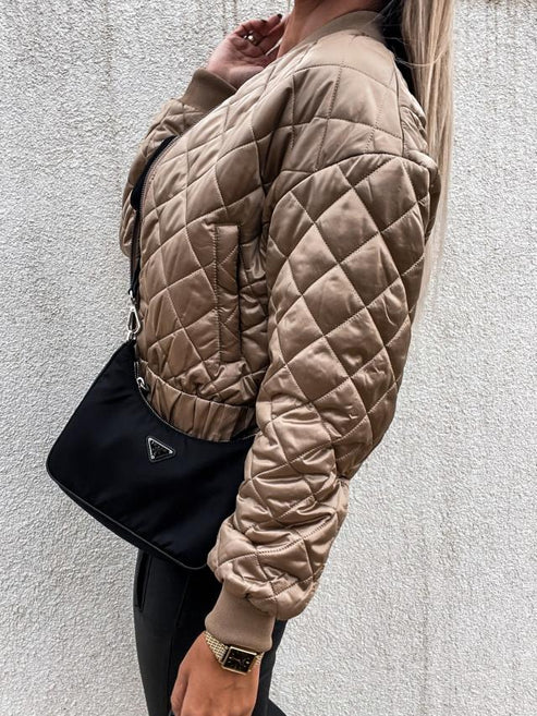 Jasmine | Women's Quilted Long Sleeve Bomber Jacket - Beige - Image 3