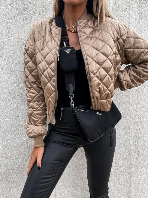 Jasmine | Women's Quilted Long Sleeve Bomber Jacket - Beige - Image 4