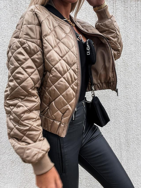 Jasmine | Women's Quilted Long Sleeve Bomber Jacket - Beige - Image 5