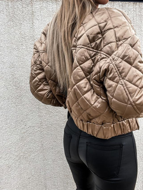 Jasmine | Women's Quilted Long Sleeve Bomber Jacket - Beige - Image 6