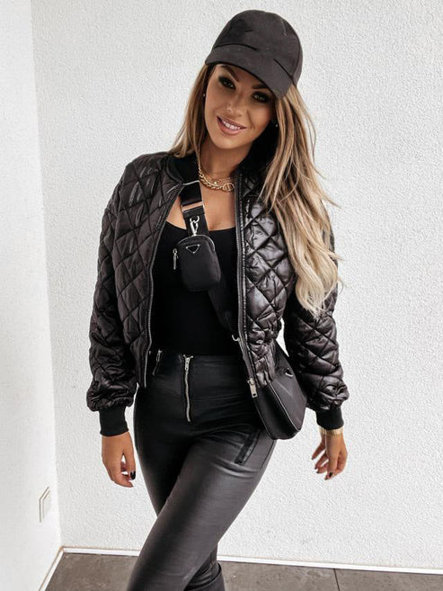 Jasmine | Women's Quilted Long Sleeve Bomber Jacket - Beige - Image 7