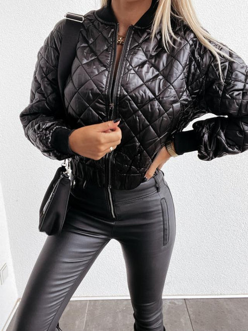 Jasmine | Women's Quilted Long Sleeve Bomber Jacket - Beige - Image 9