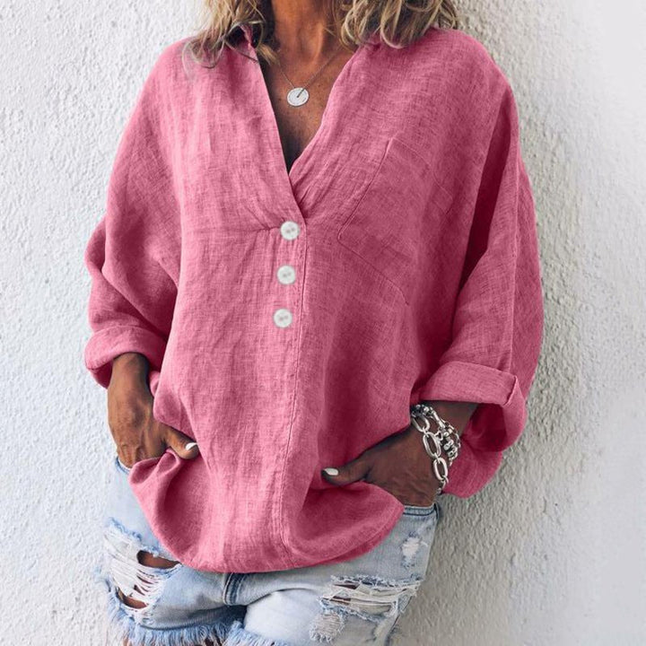 Jasmine | Women's V-Neck Button Down Blouse - Pink - Image 1